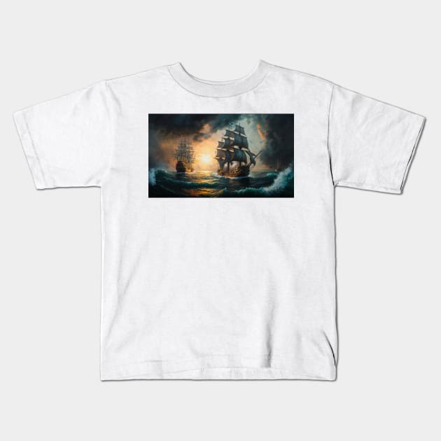 Naval Battle Between Pirate Sailing Ships, Caribbean Seascape #7 Kids T-Shirt by AntielARt